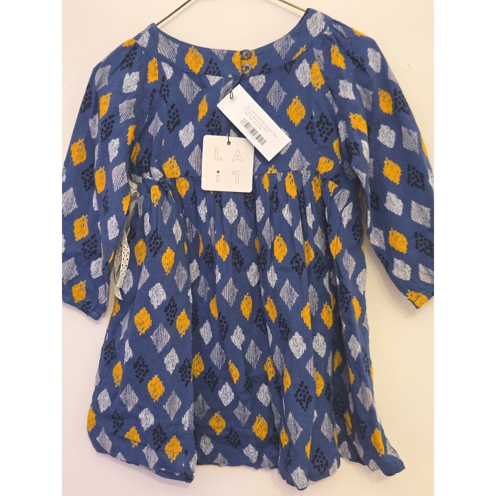 Lali Kids Blue Diamond‎ Side Tie Dress 4T Ikat Print Long Sleeve NWT